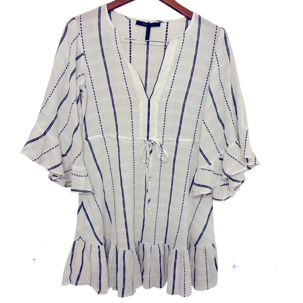 BCBGMAXAZRIA Striped Cotton Ruffle Sleeve
Tunic Dress - White/Navy - Size XS - Picture 2 of 6